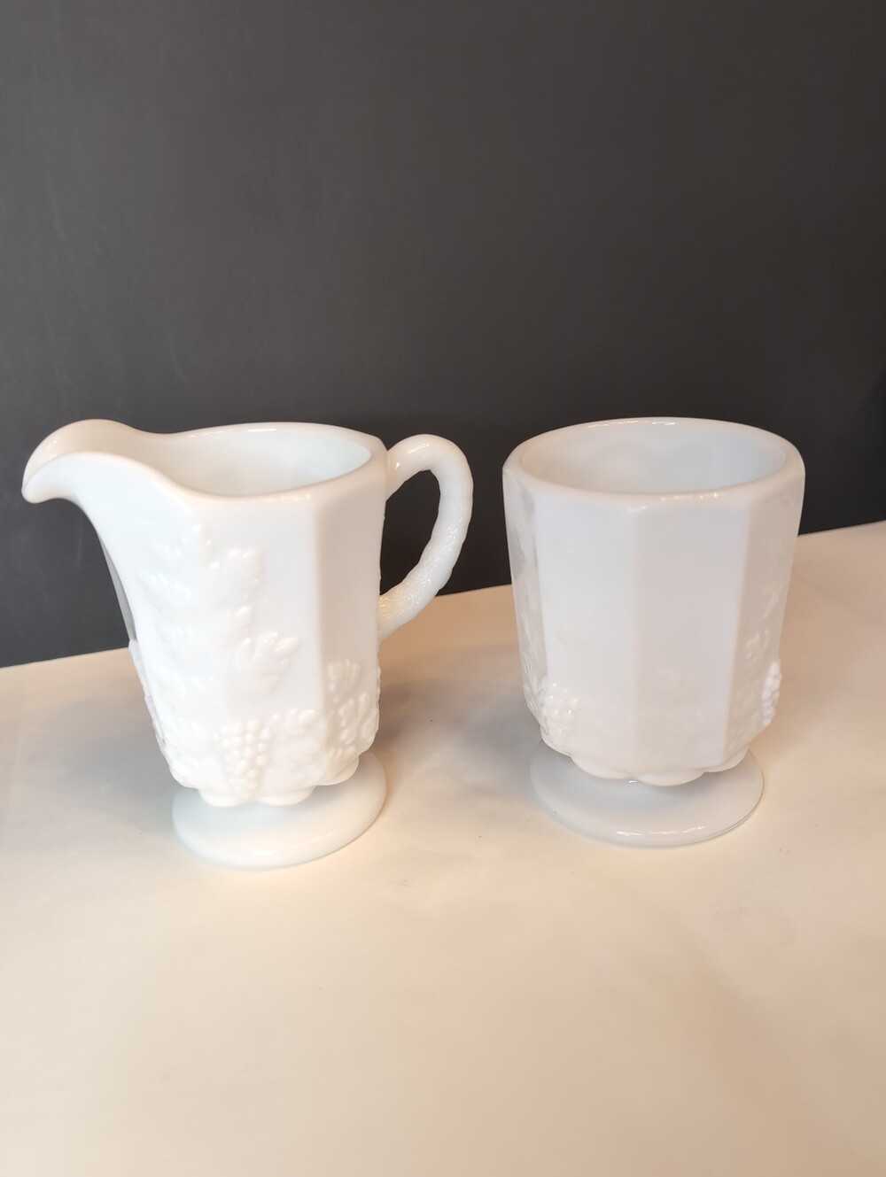 Vintage Westmoreland Milk Glass Paneled Grape Footed Sugar And Creamer Set